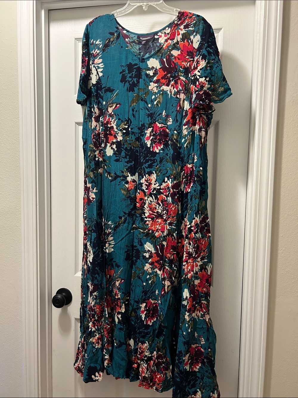 Roaman's Teal Floral Maxi Dress with Red, White & Navy Blooms